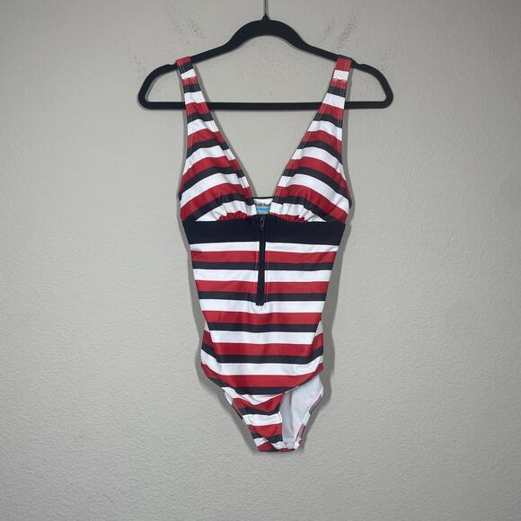 ModCloth Small The Dharla One-Piece Swimsuit Red White Stripe Deep V Neck - Picture 3 of 11